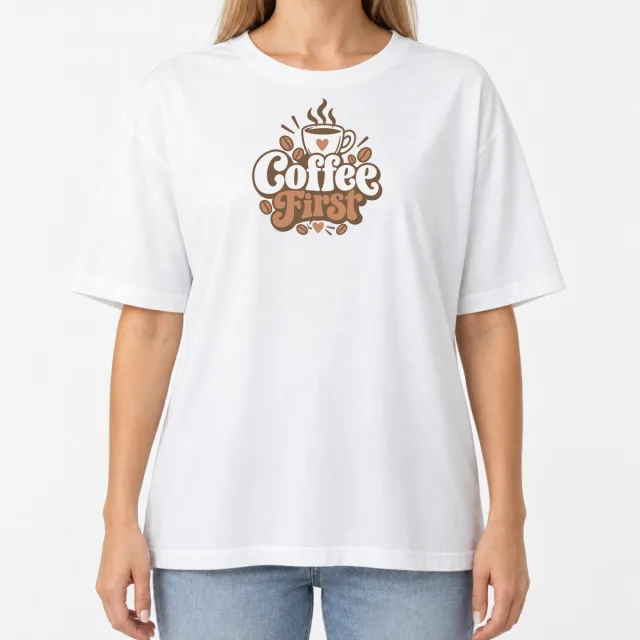 Women´s Boxy Oversized T-Shirt – Coffee First – Deep Black