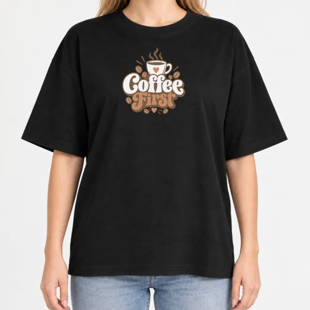 Women´s Boxy Oversized T-Shirt – Coffee First – Deep Black