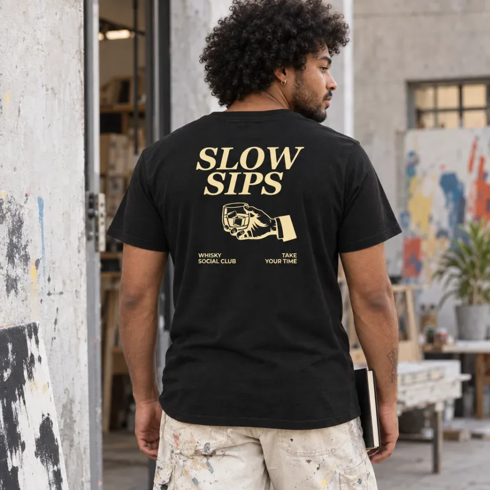 Slow Sips als Rückenmotiv auf einem schwarzen T-Shirt